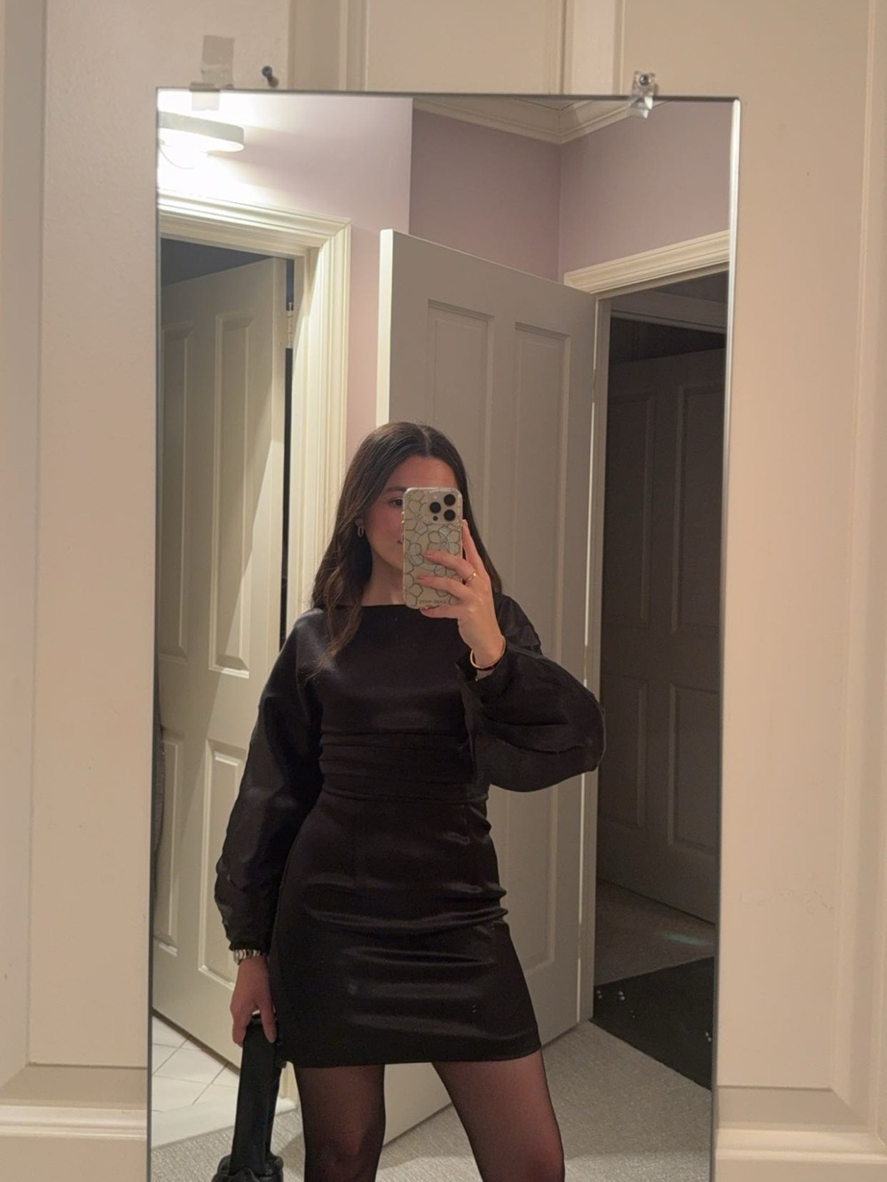 h:ours Black Long-Sleeve Mini Dress with Puff Sleeves